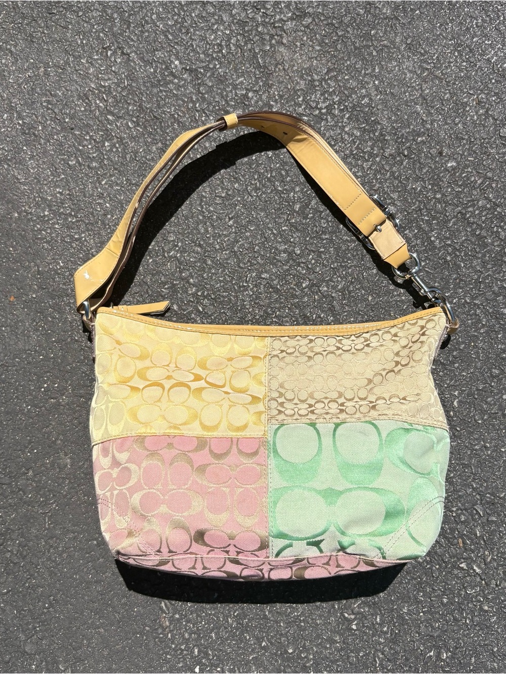 Y2K Coach Signature Patchwork Pastel Hobo Shoulder Bag Yellow Pink Green F14900